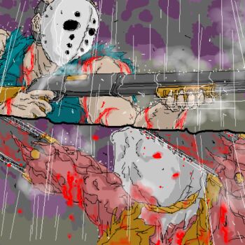 Rule 34 | 1boy, bag on head, biggy man, blood, chainsaw, gun, lowres, mask, monster, namco, oekaki, rain, rick, rick taylor, satou oduka, shotgun, splatterhouse, torn clothes, weapon