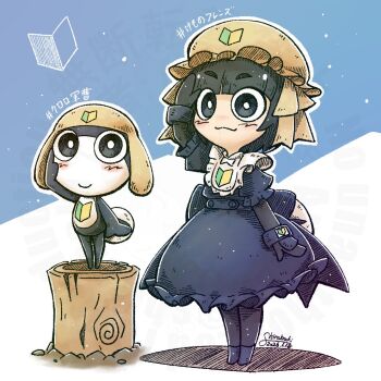 1girl apron black_eyes black_hair blue_background commentary_request dress full_body gloves hat kemono_friends kemono_friends_3 keroro_gunsou looking_at_viewer maid maid_apron maid_headdress pantyhose shirabaki shoes short_hair simple_background tadpole tail tamama tamama_(kemono_friends)