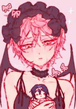 2girls alien_stage black_choker black_dress black_hair black_hairband black_wings choker commentary demon_wings dress frilled_choker frilled_hairband frills hairband highres holding holding_mini_person mini_person minigirl mizi_(alien_stage) multiple_girls official_alternate_costume pink_hair pirasa_(everlandroads) short_hair sleeveless sleeveless_dress sua_(alien_stage) symbol-only_commentary tears wings yellow_eyes