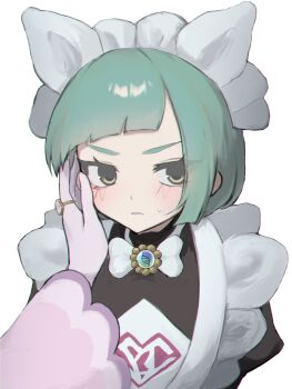 2girls apron black_romper blush bow bowtie dress gloves green_hair highres jacinthe_(pokemon) jewelry lebanne_(pokemon) long_hair long_sleeves looking_at_viewer maid maid_apron maid_headdress mega_stone multiple_girls mys_e4 nintendo parted_lips pokemon pokemon_legends:_z-a pov pov_hands puffy_sleeves purple_dress ring romper simple_background solo_focus white_bow white_bowtie white_gloves