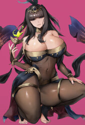 Rule 34 | 1girl, anklet, black hair, blunt bangs, bodystocking, breasts, bridal gauntlets, bridal legwear, cleavage, covered navel, feather hair ornament, feet, female focus, fingernails, fire, fire emblem, fire emblem awakening, fire emblem heroes, floating, floating object, full body, gorget, green fire, hair ornament, half-closed eyes, hand on own thigh, huge breasts, jewelry, kataku musou, loincloth, long hair, nail polish, nintendo, official alternate costume, parted lips, pink background, pink nails, purple eyes, simple background, solo, squatting, stirrup legwear, tharja (fire emblem), tharja (plegian) (fire emblem), thick thighs, thighlet, thighs, tiara, toeless legwear, toenails, toes, two side up