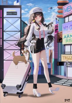 1girl absurdres aircraft animal ankle_strap arme_(cgsy7484) bare_legs black_hair black_skirt blush bow bowtie breasts cityscape closed_mouth commission day dog full_body giant giantess hat high-waist_skirt high_heels highres holding holding_instrument holding_lyre huge_breasts illien_(illien) instrument long_hair long_sleeves looking_at_viewer lyre miniskirt original outdoors pencil_skirt red_eyes rolling_suitcase second-party_source shirt shoes skirt smile solo suitcase thighs very_long_hair white_hat white_shirt white_shoes