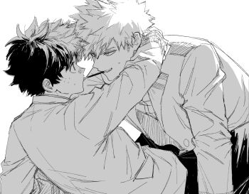 2boys arm_around_neck bakugou_katsuki boku_no_hero_academia commentary_request dmdtmt99 eye_contact food food_in_mouth freckles greyscale grin highres jacket lapels long_sleeves looking_at_another male_focus midoriya_izuku monochrome multiple_boys open_clothes open_jacket pants pocky pocky_in_mouth pocky_kiss school_uniform shared_food short_hair simple_background smile spiked_hair teeth u.a._school_uniform white_background yaoi
