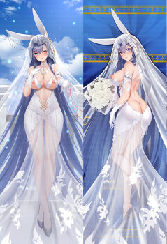 1girl :d absurdly_long_hair animal_ears ass azur_lane backless_dress backless_outfit bare_shoulders between_buttocks black_footwear black_shoe blue_eyes blue_hair blush bouquet breast_cutout breasts breasts_out bridal_veil butt_crack cleavage commentary_request dakimakura_(medium) dasoey dress effectively_nude fake_animal_ears flower from_behind functionally_nude gloves holding holding_bouquet long_hair looking_at_viewer multiple_views new_jersey_(azur_lane) new_jersey_(snow-white_ceremony)_(azur_lane) nipples no_bra no_panties official_alternate_costume open_mouth functionally_nude rabbit_ears revealing_clothes rose see-through_clothes smile string string_of_fate veil very_long_hair wedding_dress white_dress white_flower white_gloves white_rose