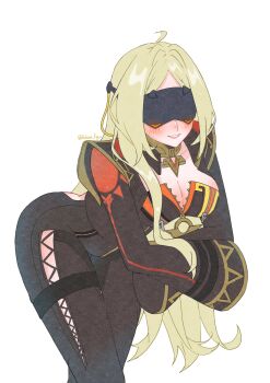 Rule 34 | 1girl, ashimi fugo, biker clothes, black bodysuit, blindfold mask, blonde hair, blush, bodysuit, breasts, cosplay, genshin impact, glowing mask, grin, highres, long hair, looking at viewer, mask, mavuika (genshin impact), mavuika (genshin impact) (cosplay), simple background, smile, solo, trigger (zenless zone zero), twitter username, very long hair, white background, zenless zone zero