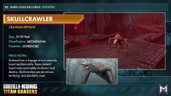 3d animated audible_music bone cable cave character_name character_profile claw_mark cliff cloud cloudy_sky concept_art cross_promotion crossover crystal day dirt elbow_spikes english_text fog forest forked_tongue giant giant_monster godzilla_(series) godzilla_x_kong:_the_new_empire godzilla_x_kong:_titan_chasers highres hunted_cow_studios kaiju king_kong_(series) kong:_skull_island laboratory legendary_pictures long_tail monster monsterverse nature no_humans official_art overcast promotional_art red_light roaring rock sharp_teeth skull skullcrawler sky sound sparks tail teeth tie-in tilting_point_llc tongue tree tunnel underground very_long_tail video video_game walkway