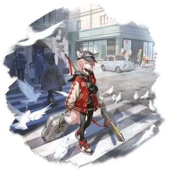 6+boys 6+girls animal_ears arknights bag baseball_cap bird black_choker black_hat black_jacket black_pants black_pantyhose black_shoes black_shorts blue_eyes bow_(weapon) braid building car choker closed_mouth crossbow crosswalk day dove ears_through_headwear fox_ears fox_girl fox_tail full_body hat highres holding holding_bag holding_suitcase holding_weapon hood hood_down hooded_jacket infection_monitor_(arknights) jacket long_sleeves looking_at_viewer material_growth motor_vehicle multicolored_jacket multiple_boys multiple_girls official_alternate_costume official_art open_clothes open_jacket oripathy_lesion_(arknights) outdoors pants pantyhose people pigeon pink_hair puffy_long_sleeves puffy_sleeves red_jacket road shoes short_hair shorts sneakers solo_focus standing street suitcase sussurro_(arknights) sussurro_(travel_freely)_(arknights) tail todoroki_masaru transparent_background walking weapon
