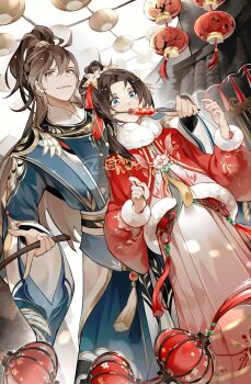 Rule 34 | 1boy, 1girl, absurdres, architecture, asymmetrical sidelocks, blue eyes, blue hanfu, blue robe, brown hair, building, candy, changmingsuo, chinese clothes, chinese commentary, chinese knot, commentary request, crossed bangs, curtained hair, downturned eyes, east asian architecture, feeding, feixianji (hairstyle), flower, flower ornament, food, from below, front-to-back, fur-trimmed jacket, fur-trimmed sleeves, fur collar, fur trim, glint, hair between eyes, hair flower, hair ornament, hair ribbon, half updo, hanfu, height difference, high ponytail, highres, holding, holding candy, holding food, holding lantern, holding skewer, hua yi shanxin zhiyue, jacket, ji yuanqi, lantern, long hair, long sleeves, looking at food, looking at viewer, mamianqun, outdoors, paper lantern, parted bangs, pink flower, ponytail, red jacket, red ribbon, ribbon, robe, sidelocks, sideways glance, skewer, skirt, smile, standing, surprised, tanghua, tanghulu, tassel, the princess (hua yi shanxin zhiyue), wangulongdong, white flower, white skirt, wide sleeves, wing print, yuanlingpao