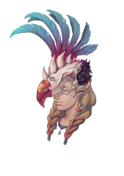 1girl animal_skull bird_skull blonde_hair braid closed_eyes collarbone commentary_request cropped_head earrings feathers fur_trim highres jewelry lips low_twin_braids mole mole_above_mouth multiple_earrings original portrait profile skull_on_head skyfiss solo twin_braids