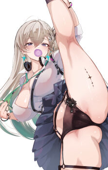 1girl absurdres alternate_breast_size_(larger) aqua_necktie black_nails black_panties black_skirt blonde_hair blowing_bubble_gum breasts cameltoe cellphone chewing_gum collared_shirt commentary_request earrings fingernails green_hair hair_between_eyes headphones headphones_around_neck highres holding holding_phone jewelry kneepits large_breasts long_fingernails long_hair looking_at_viewer lynae_(wuthering_waves) nail_polish necklace necktie paid_reward_available panties phone purple_eyes shirt simple_background skirt smartphone solo split standing standing_on_one_leg standing_split star_(symbol) star_earrings tacet_mark_(wuthering_waves) thighs underwear ura_illust very_long_hair white_background white_shirt wuthering_waves