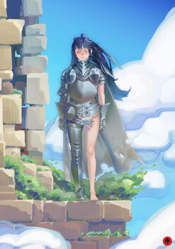 ahoge armor artist_logo black_hair black_mushroom blunt_bangs blush cape character_request closed_eyes closed_mouth cloud crying floating_hair grey_cape highres logo long_hair outdoors single_bare_foot single_bare_leg sky stone_wall torn_cape torn_clothes tower_dungeon very_long_hair wardrobe_malfunction wavy_mouth
