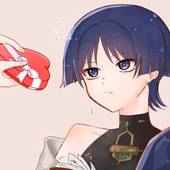 1boy armpit_crease black_bodysuit black_eyes black_hair blue_cape blunt_ends bodysuit book box brown_background cape closed_mouth covered_collarbone eyeliner eyeshadow fingernails genshin_impact giving happy_valentine heart-shaped_box highres japanese_clothes kimono looking_at_another looking_to_the_side makeup male_focus notice_lines open_book parted_bangs pink_nails pink_trim pon_oi4 purple_pupils red_eyeliner red_eyeshadow ribbon scaramouche_(genshin_impact) shoulder_blush single_off_shoulder split_mouth tsurime turtleneck turtleneck_bodysuit valentine wanderer_(genshin_impact) white_kimono white_ribbon white_sleeves wispy_bangs