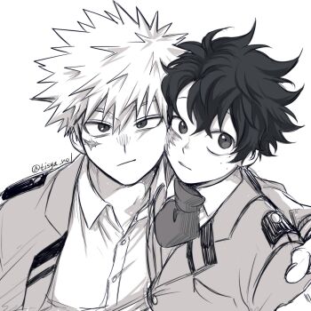 Rule 34 | 2boys, bakugou katsuki, boku no hero academia, cheek-to-cheek, collared shirt, commentary request, dress shirt, facial scar, freckles, greyscale, hair between eyes, heads together, highres, jacket, korean commentary, lapels, long sleeves, looking at viewer, looking to the side, male focus, midoriya izuku, monochrome, multiple boys, necktie, notched lapels, open clothes, open collar, open jacket, scar, scar on cheek, scar on face, school uniform, shirt, short hair, sideways glance, simple background, sketch, spiked hair, tisya no1, twitter username, u.a. school uniform, upper body, white background, wing collar