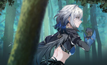 1girl 845360 absurdres back_tattoo black_jacket blue_bra blue_hair blurry blurry_foreground bra breasts chinese_commentary closed_mouth commentary_request cropped_jacket earrings forest from_side galbrena_(wuthering_waves) grey_hair highres jacket jewelry medium_hair nature outdoors profile purple_eyes running small_breasts solo tattoo underwear upper_body wuthering_waves