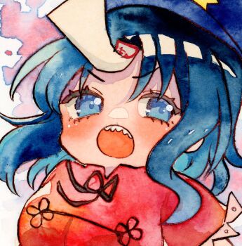 1girl black_ribbon blue_eyes blue_hair blush commentary_request hat hat_ornament jiangshi looking_at_viewer miyako_yoshika neck_ribbon newsboy_cap ofuda open_mouth painting_(medium) pppppks purple_background red_shirt ribbon shirt short_hair solo star_(symbol) star_hat_ornament touhou traditional_media upper_body v-shaped_eyebrows watercolor_(medium)