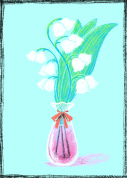 blue_background flower lily_of_the_valley no_humans omori red_ribbon ribbon simple_background something_(omori) spoilers still_life sun_iiinu vase water