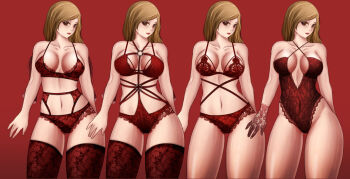 4girls blonde_hair bodysuit bra breasts brown_eyes clone eye_contact garter_belt garter_straps gloves kkktakeda lace lace_gloves lace_lingerie lingerie long_hair looking_at_another looking_at_viewer medium_breasts multiple_girls o-ring original panties panties_over_garter_belt red_bra red_garter_belt red_glove red_legwear red_panties ribbon thighs underwear
