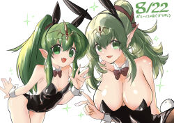 2girls :d absurdres animal_ears black_leotard bow bowtie breasts bunny_day cleavage detached_collar dual_persona fake_animal_ears fake_tail fangs fire_emblem fire_emblem:_mystery_of_the_emblem fire_emblem_awakening flat_chest green_eyes green_hair highleg highleg_leotard highres in-franchise_crossover large_breasts leaning_forward leotard loli long_hair multiple_girls multiple_persona nintendo open_mouth pantyhose playboy_bunny pointy_ears ponytail rabbit_ears rabbit_tail sideboob small_breasts smile strapless strapless_leotard studio_sugimoto tail thighs tiara tiki_(adult)_(fire_emblem) tiki_(fire_emblem) tiki_(young)_(fire_emblem) traditional_bowtie v very_long_hair white_wrist_cuffs wrist_cuffs