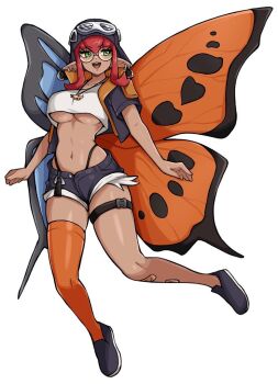 1girl arthropod_girl asymmetrical_legwear bandaid bandaid_on_leg black_hat black_jacket black_shoes black_shorts breasts butterfly_girl butterfly_wings choppy_bangs commentary commission cropped_shirt dark-skinned_female dark_skin ear_piercing english_commentary full_body goggles goggles_on_headwear green_eyes hat insect_wings jacket jewelry large_breasts looking_to_the_side medium_hair mismatched_legwear necklace oninuer open_clothes open_jacket open_mouth orange_thighhighs original oversized_wings panty_straps piercing pointy_ears red_hair shirt shoes short_shorts short_sleeves shorts simple_background single_thighhigh smile solo thigh_strap thighhighs underboob white_background white_shirt wings