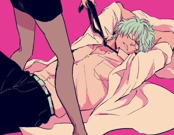 1boy 1girl assertive_female clothes_grab collared_shirt commentary_request couple fishnet_pantyhose fishnets gintama glasses hatch_(8cco) loose_necktie necktie necktie_grab neckwear_grab pantyhose sakata_gintoki shirt skirt teacher tsukuyo_(gintama) white_hair