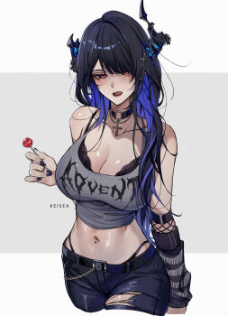 1girl absurdres alternate_costume asymmetrical_horns belt black_arm_warmers black_belt black_bra black_choker black_hair black_nails black_pants blue_hair bra bra_peek breasts candy choker cleavage clothes_writing colored_inner_hair commentary crop_top cropped_legs cross_hair_ornament cross_pendant denim english_commentary fishnets flower food grey_tank_top hair_ornament highleg highleg_panties highres holding holding_candy holding_food holding_lollipop hololive hololive_english horn_flower horns jeans keisea large_breasts licking_lips lollipop long_hair looking_at_viewer messy_hair mole mole_under_eye multicolored_hair nail_polish navel navel_piercing nerissa_ravencroft o-ring o-ring_choker panties pants panty_straps pendant_choker piercing purple_eyes simple_background slit_pupils solo tank_top tongue tongue_out underwear uneven_horns very_long_hair virtual_youtuber wallet_chain