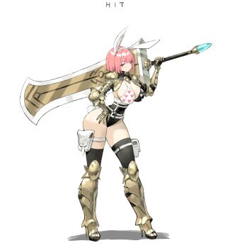 1girl absurdres animal_ears armor armored_boots arowana2111 belt black_leotard black_thighhighs blunt_bangs boots breasts brown_eyes cat_ears closed_mouth commentary couter curvy english_commentary expressionless fake_animal_ears fake_tail heart heart_print high_heel_boots high_heels highres holding holding_sword holding_weapon huge_weapon large_breasts leaning_forward leotard original over_shoulder pauldrons pink_hair print_leotard rabbit_tail rerebrace shadow short_hair shoulder_armor simple_background solo sword tail thigh_belt thigh_strap thighhighs thighs vambraces weapon weapon_over_shoulder white_background white_leotard