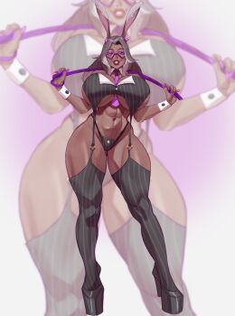 1girl abs animal_ears breasts commission dark-skinned_female dark_skin dlusional fingernails full_body garter_straps glasses grey_eyes grey_hair heart heart-shaped_eyewear high_heels highres huge_breasts lips long_hair muscular muscular_female original playboy_bunny sharp_fingernails smile thighhighs underboob wrist_cuffs