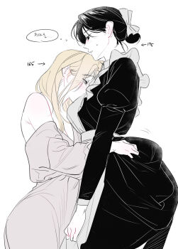 0820_lakia 2girls absurdres apron between_breasts black_hair blonde_hair blush breasts commentary_request dress face_between_breasts hair_bun hand_on_another&#039;s_waist head_between_breasts highres juliet_sleeves korean_commentary korean_text long_sleeves maid maid_apron master_and_servant multiple_girls off_shoulder original puffy_sleeves simple_background speech_bubble thought_bubble translation_request white_background yuri