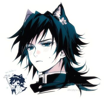 1boy animal_ears black_jacket blue_eyes buttons cat_boy cat_ears cat_tail chibi closed_mouth commentary demon_slayer_uniform fish hair_between_eyes haori high_collar highres holding holding_sword holding_weapon ikeda1016020750 jacket japanese_clothes katana kikkoumon kimetsu_no_yaiba male_focus multiple_views simple_background smile sweatdrop sword symbol-only_commentary tail tomioka_giyuu upper_body weapon white_background