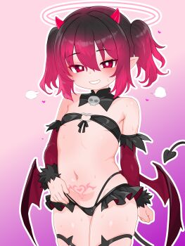 1girl absurdres black_tail blush character_request clenched_teeth commentary_request copyright_request cowboy_shot demon_girl demon_wings detached_sleeves hair_between_eyes halo highres horns looking_at_viewer low_wings navel open_mouth outline poca252 pointy_ears pubic_tattoo red_eyes red_horns solo sweat tattoo teeth twintails white_outline wings