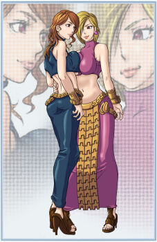 2girls artist_request blonde_hair bracelet breast_press breasts brown_hair celia closed_mouth earrings eye_contact female_focus final_fantasy final_fantasy_tactics hand_on_another's_hip highres hug jewelry large_breasts lettie lips lipstick long_hair long_skirt looking_at_another makeup midriff multiple_girls navel purple_eyes short_hair skirt smile standing yuri