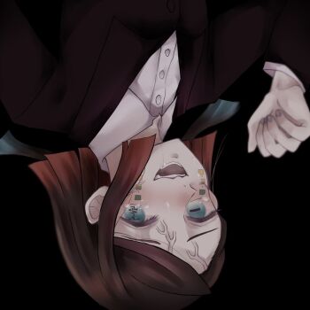 Rule 34 | 1boy, asymmetrical bangs, black background, black jacket, blood, blue eyes, blurry, blurry foreground, blush, buttons, colored tips, commentary request, demon boy, drooling, enmu (kimetsu no yaiba), facial mark, fang, hand up, jacket, jinchouge 210, kimetsu no yaiba, long sleeves, looking at viewer, male focus, medium hair, multicolored hair, nosebleed, open mouth, portrait, purple nails, raised inner eyebrows, simple background, solo, suit jacket, symbol-shaped pupils, tearing up, tears facial mark, teeth, trap, undershirt, upside-down, variant set, veiny face