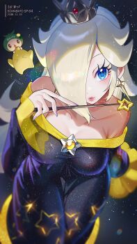 &gt;_&lt; 1girl absurdres alternate_color bare_shoulders black_dress blonde_hair blue_eyes blush breasts brooch character_request closed_eyes collarbone commentary crown dress earrings grey_crown hair_over_one_eye highres holding holding_wand jewelry large_breasts long_hair long_sleeves looking_at_viewer luma_(mario) mario_(series) nintendo off-shoulder_dress off_shoulder parted_lips rosalina silver_crown space star_(symbol) star_brooch star_earrings star_wand super_mario_galaxy super_smash_bros. symbol-only_commentary wand yasaikakiage