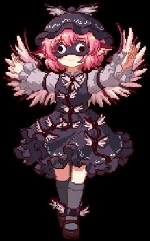 1girl alternate_color animal_ears animated animated_gif anklet bird_ears bird_wings black_dress black_hat black_shoes black_socks dress earrings eyepatch game_cg grey_shirt hat jewelry juliet_sleeves kneehighs kumio long_sleeves lowres mary_janes medium_hair mob_cap mystia_lorelei outstretched_arms pink_hair puffy_sleeves shirt shoes single_earring smile socks solo tachi-e third-party_source touhou touhou_mystia&#039;s_izakaya winged_hat wings