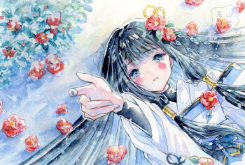 Rule 34 | 1girl, black hair, blush, camellia, commentary request, flower, hair spread out, hair tubes, hayamasora, highres, japanese clothes, kimono, long hair, looking at viewer, lying, on back, original, painting (medium), reaching, reaching towards viewer, red flower, sidelocks, signature, traditional media, watercolor (medium), white kimono