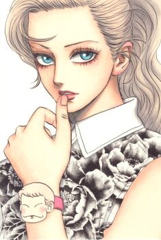 1boy :3 aged_up asymmetrical_bangs blonde_hair blue_eyes bracelet brown_eyeshadow closed_eyes collared_shirt commentary_request contrast_collar curtained_hair dahlia-tami eyelashes fingernails floral_print floral_print_shirt forehead hand_up high_ponytail jewelry long_hair looking_at_viewer loose_hair_strand male_focus marker_(medium) merchandise parted_lips patalliro! patalliro_du_malyner_viii pink_lips ponytail portrait shirt short_hair sideways_glance simple_background sleeveless sleeveless_shirt solo swept_bangs traditional_media trap very_short_hair wavy_hair white_background wiping_mouth