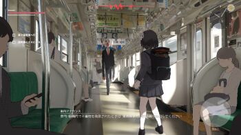 2boys 2girls 5others backpack bag black_footwear black_hair black_skirt black_suit brown_hair clock clown_mask clown_nose dialogue_box drone fake_screenshot formal_clothes gameplay_mechanics hair_ribbon heads-up_display highres lost_property_control_organization_(samidare) mask minimap multiple_boys multiple_girls multiple_others pleated_skirt ponytail protagonist_(lost_property_control_organization) revision ribbon samidare_(hoshi) school_uniform short_hair skirt socks suit t-6407j_(samidare) train_interior translation_request two-sided_ribbon user_interface white_ribbon white_socks