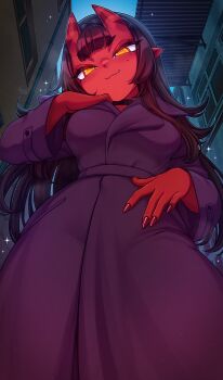 1girl :3 alley black_choker black_hair blunt_bangs breasts building choker colored_skin commentary demon_girl english_commentary fang from_below hair_between_horns head_tilt highres horns long_coat long_hair looking_at_viewer medium_breasts meruccubus_(merunyaa) merunyaa mole mole_under_eye oni original outdoors pointy_ears red_nails red_oni red_skin skin-covered_horns solo yellow_eyes