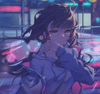 1girl blue_eyes bra_strap brown_hair closed_mouth commentary_request crying crying_with_eyes_open drawstring frown grey_hoodie holz hood hood_down hoodie lens_flare long_hair looking_at_viewer night original outdoors rain signature solo tears upper_body very_long_hair