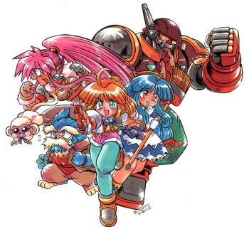 2boys 3girls absurdres animal animal_ears animal_feet animal_hands apron armor artist_name black_bow black_bowtie blonde_hair blue_dress blue_eyes blue_hair blue_pantyhose boots bow bowtie broom brown_boots brown_jacket brown_pants brown_shirt caesar_kanagusuku celia_hasselberg circle_name claws clenched_hand clenched_teeth comedic_sweatdrop commentary crime_crackers crop_top dark-skinned_female dark_skin dog_boy dog_ears dress enkuu_(crime_crackers) facial_hair facial_mark fang furry furry_male green_eyes green_pants grin gun hand_up handgun high_ponytail highres holding holding_broom holding_gun holding_weapon humanoid_robot jacket jan-michael_hasselberg kokomahi long_hair medium_hair monkey multiple_boys multiple_girls murdoch_hoover mustache necktie official_art old old_man open_clothes open_jacket open_mouth orange_eyes pants pantyhose pink_hair pink_shorts pointy_ears ponytail red_eyes red_necktie red_shirt robot shirt short_shorts short_sleeves shorts shoulder_armor simple_background smile standing teeth weapon wendy_wilkinson white_apron white_background white_jacket yellow_eyes yellow_shirt