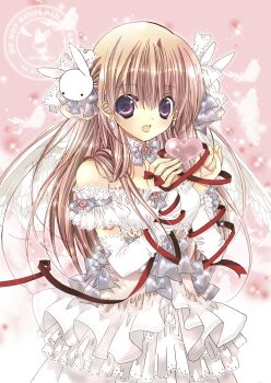 Rule 34 | 1girl, absurdres, blonde hair, bow, commentary request, cowboy shot, detached sleeves, dress, earrings, elbow gloves, fingerless gloves, gloves, grey bow, hair ornament, heart, highres, jewelry, koge donbo, long hair, misha (pita ten), open mouth, pink background, pita ten, purple eyes, rabbit hair ornament, short sleeves, smile, solo, strapless, strapless dress, watermark, white dress, white gloves, white sleeves