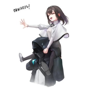 Rule 34 | 1girl, 1other, absurdres, aged down, arknights, black coat, black hairband, black pantyhose, black skirt, brown hair, capelet, carrying, carrying person, closed eyes, coat, doctor (arknights), english text, hairband, high-waist skirt, highres, hood, hood up, hooded coat, long hair, long sleeves, mask, ofallx, open mouth, pantyhose, piggyback, priestess (arknights), shirt, shoes, simple background, skirt, smile, white background, white capelet, white shirt, white shoes