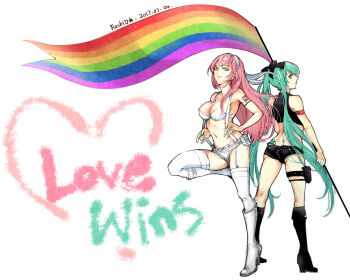 2girls aqua_hair black_boots black_shirt boots bra flag funkid graffiti hatsune_miku headband leg_strap lgbt_pride megurine_luka multiple_girls pink_hair pride_month rainbow_flag shirt shorts standing standing_on_one_leg strap suspenders thighhighs twintails underwear vocaloid white_boots white_bra white_thighhighs yuri