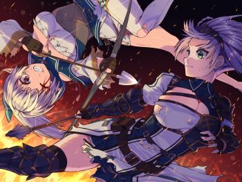 2girls arrow blood breasts cleavage highres hololive hololive_fantasy large_breasts multiple_girls ponytail shiranui_flare shirogane_noel virtual_youtuber