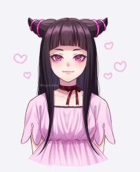 Rule 34 | 1girl, alternate costume, arched bangs, arms behind back, artist name, black hair, choker, closed mouth, collarbone, commentary, hair horns, han juri, heart, hepu2rabbits (epuusa), highres, long hair, looking at viewer, pink eyes, red choker, simple background, smile, solo, street fighter, twitter username, upper body, watermark, white background