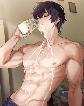 1boy abs biceps black_hair closed_eyes collarbone ear_piercing earrings eyelashes hair_over_eyes highres holding holding_milk_carton indie_virtual_youtuber jewelry male_focus milk_carton mole mole_on_stomach navel nipples pectorals piercing second-party_source short_hair shoto_(vtuber) solo spilling toned toned_male trgm upper_body virtual_youtuber