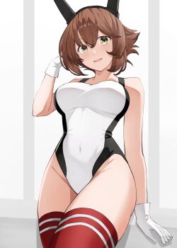 1girl absurdres bare_arms bare_shoulders beisaku_bei black_one-piece_swimsuit blush breasts brown_hair competition_swimsuit cover covered_navel cowboy_shot day gloves green_eyes hand_up headgear highleg highleg_one-piece_swimsuit highres indoors kantai_collection large_breasts looking_at_viewer mutsu_(kancolle) one-piece_swimsuit open_mouth red_thighhighs short_hair smile solo swimsuit thighhighs two-tone_swimsuit white_background white_gloves white_one-piece_swimsuit window