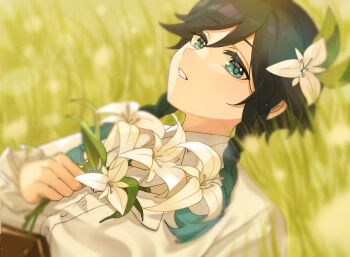 1boy absurdres black_hair blue_hair braid brown_corset commentary_request corset flower genshin_impact gradient_hair green_eyes hair_flower hair_ornament highres holding holding_flower long_sleeves lying multicolored_hair on_grass sarlynar shirt solo twin_braids venti_(genshin_impact) white_flower white_shirt white_sleeves