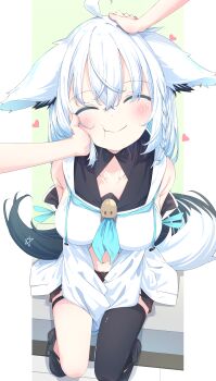 1girl 1other absurdres ahoge animal_ear_fluff animal_ear_piercing animal_ears aqua_neckerchief between_legs black_shorts black_thighhighs blush braid breasts closed_eyes closed_mouth collarbone fox_ears fox_girl fox_tail hair_between_eyes hand_between_legs hand_on_another&#039;s_cheek hand_on_another&#039;s_face hand_on_another&#039;s_head headpat highres hololive ikamoworkshop long_hair medium_breasts navel neckerchief pentagram shirakami_fubuki shirakami_fubuki_(1st_costume) short_shorts shorts side_braid single_thighhigh smile solo_focus stomach tail thigh_strap thighhighs virtual_youtuber white_hair