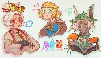 Rule 34 | 3girls, animal ears, artist name, black gloves, blonde hair, blush, brown capelet, capelet, closed mouth, commentary, cosmiccolours, cropped shoulders, cropped torso, english commentary, eyelashes, flower, glasses, gloves, green eyes, hair ornament, hairclip, heart, highres, holding, long sleeves, mineru (zelda), multiple girls, nintendo, open mouth, pointy ears, princess zelda, puff of air, purah, red eyes, round eyewear, short hair, smile, squiggle, teeth, the legend of zelda, the legend of zelda: tears of the kingdom, upper teeth only, white hair